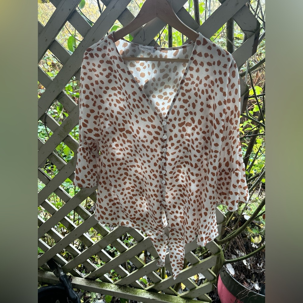 🐆 Kancystore Burnt Orange Abstract Animal Print Tie-Front Blouse L 🐆